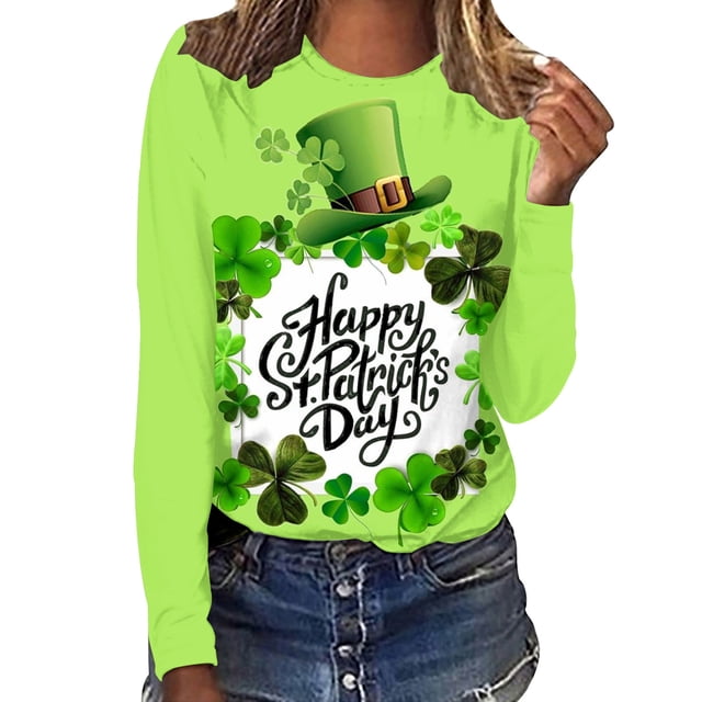 QIPOPIQ T-Shirts à Manches Longues pour Femmes à Col Rond St. Patrick's Day T-Shirts à Col Rond T-Shirt Imprimé Trèfle T-Shirt Vert Chanceux St Patricks Day Chemises T-Shirt Long Hauts Chemises de Vacances Aubaines