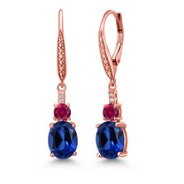 Gem Stone King 18K Rose Gold Plated Silver Blue Created Sapphire and Red Created Ruby Dangle Earrings for Women with Lab Grown Diamond (5.13 Cttw, Oval 9X7MM)