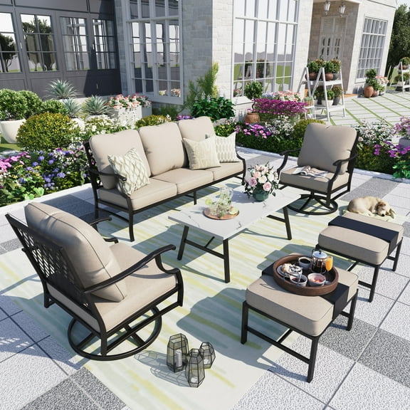 MF Studio 7-Seater Patio Conversation Set Metal Outdoor Patio Furniture Set with Swivel Chairs, Beige