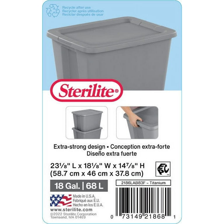  Sterilite 18 Gallon Tuff1 Storage Tote, Stackable Bin with Lid,  Plastic Container to Organize Garage, Basement, Attic, Gray Base and Lid,  6-Pack