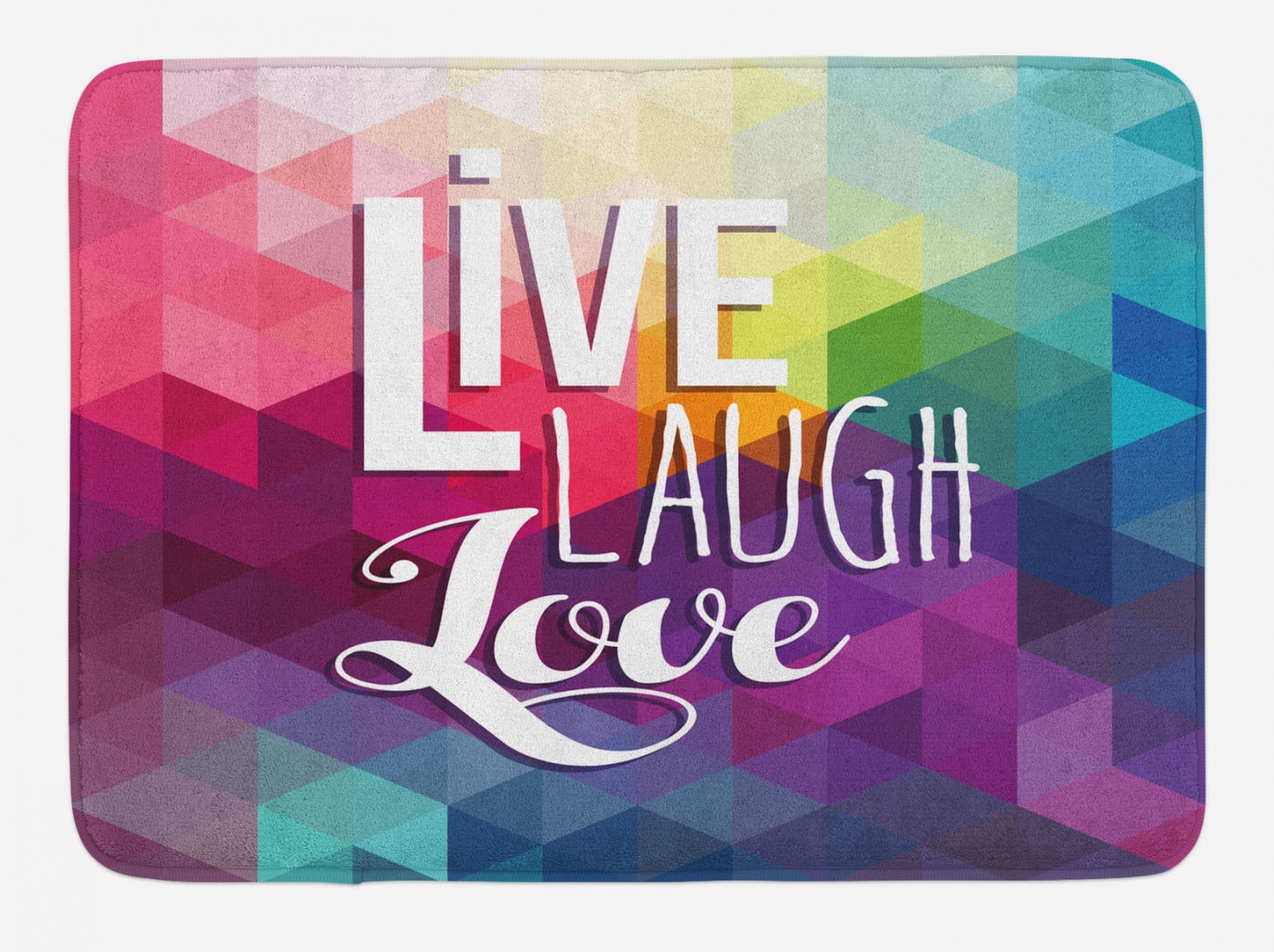 Live Laugh Love Bath Mat, Geometric Colorful Backdrop with Polygonal