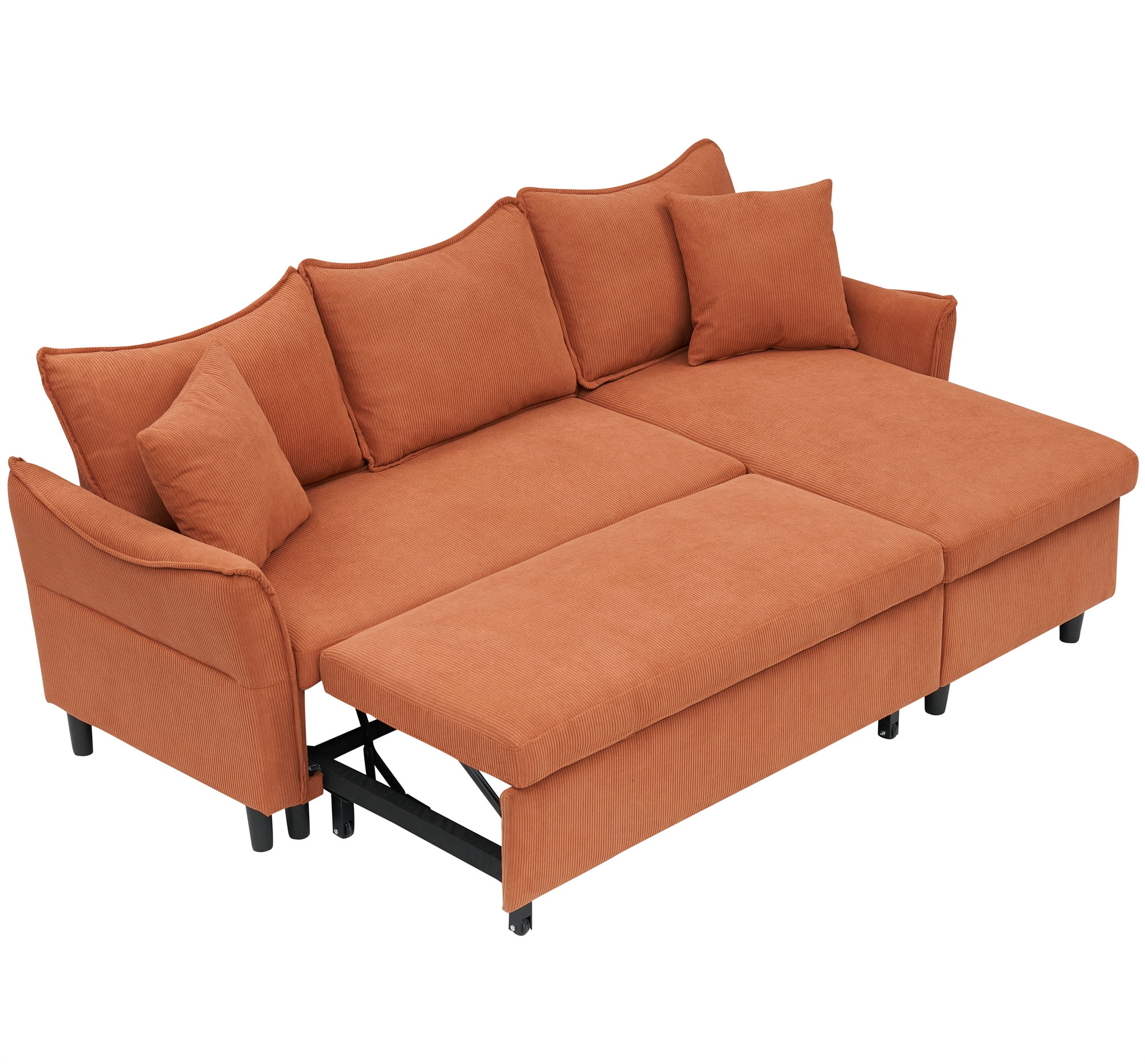 Aukfa 80" Sofa Bed Couch Pull Out Sofa Bed with Storage Chaise, 2 Pillows, Corduroy, Orange