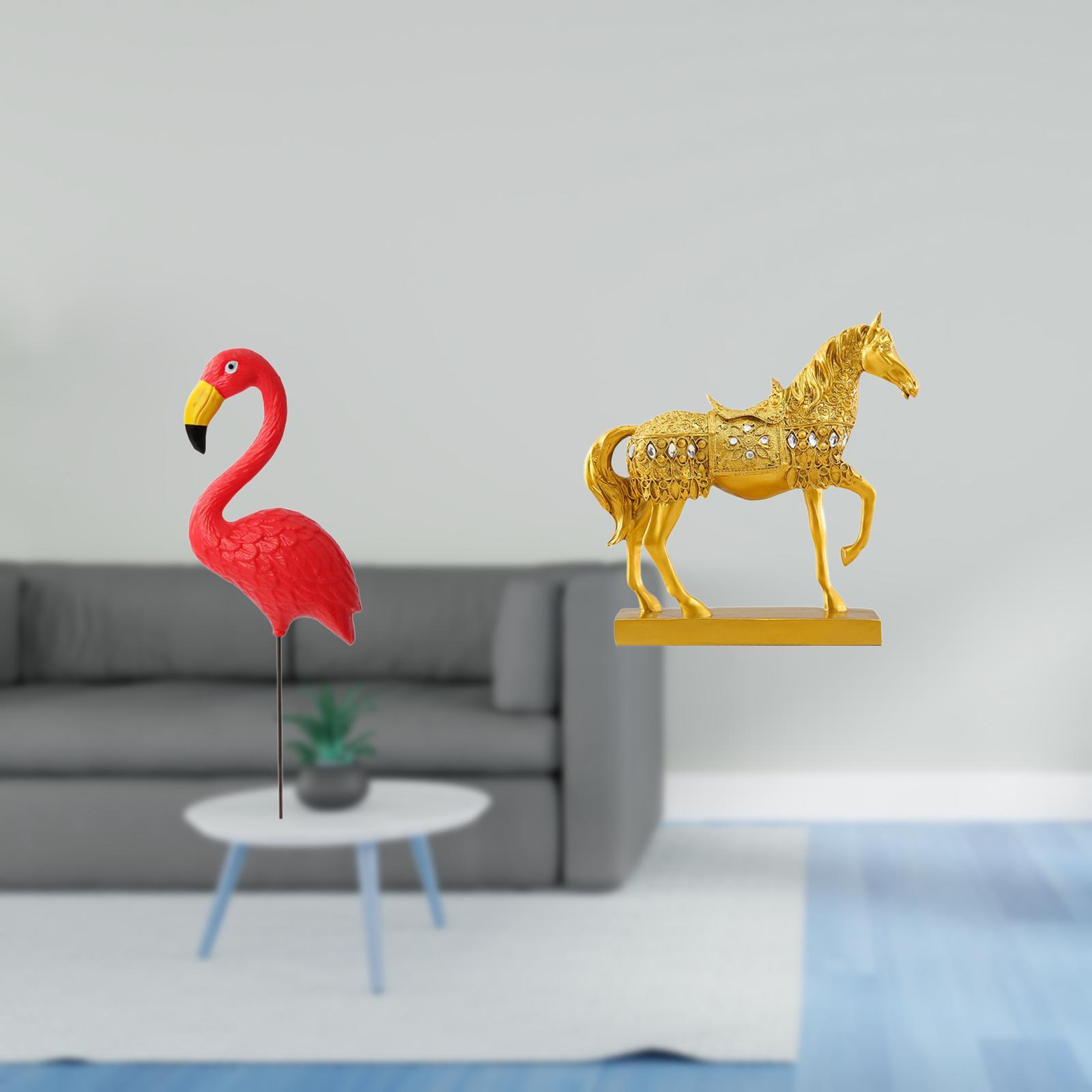 Dualoai Flamingo Fairy Garden Horse Statue Ornament Resin Sculpture for Holiday Spring Home Office Decor Animal Figurine Engraved Yard Art Accessories