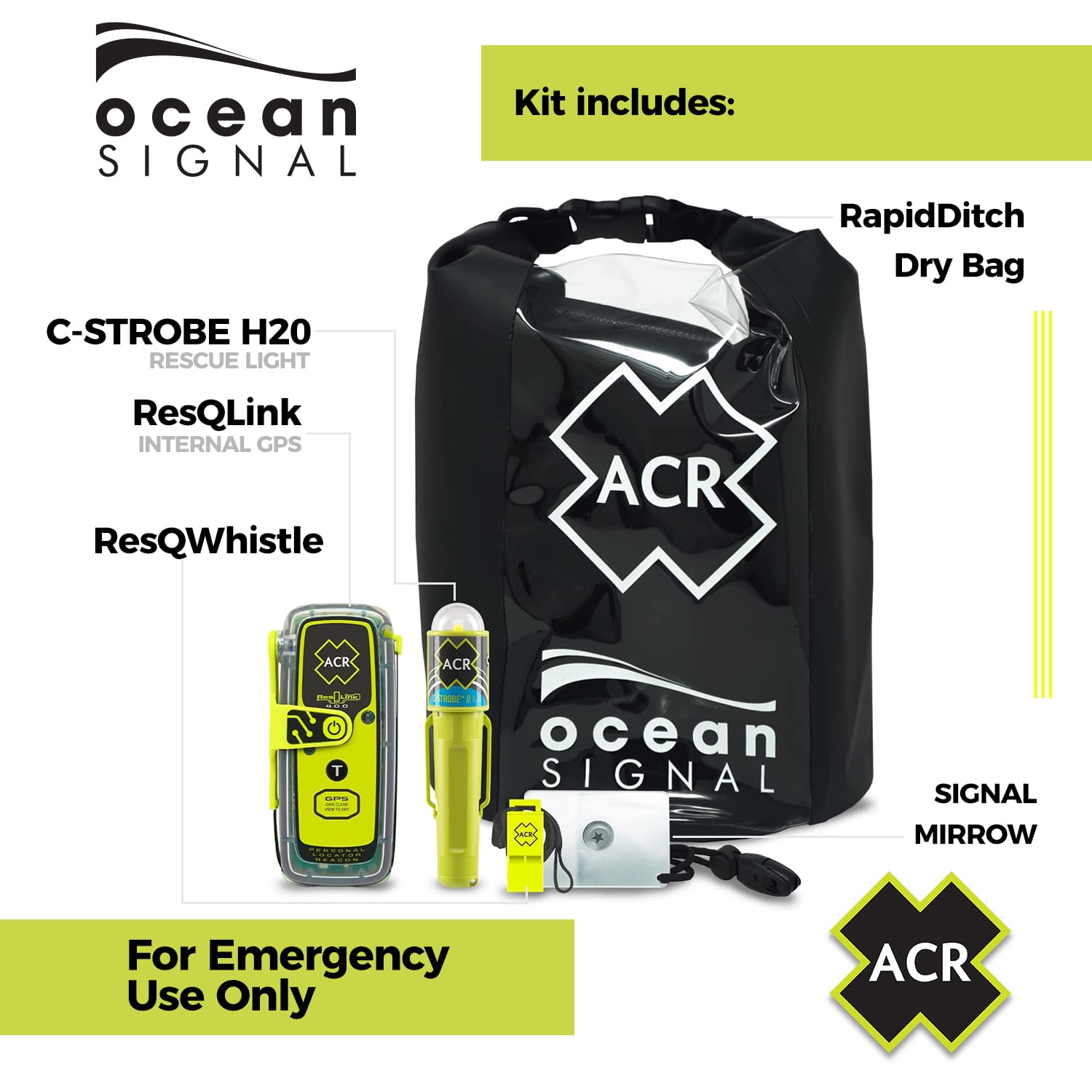 ACR Electronics Resqlink 400 Survival Kit | Personal Locator Beacon | C-Strobe H2O Rescue Light | Daytime Signal Mirror & USCG Whistle | Rapid Ditch Dry Bag Included