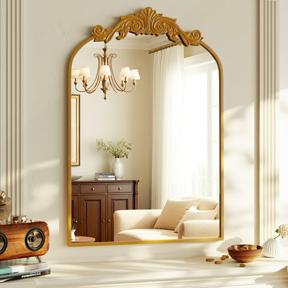 BEAUTYPEAK 38"x 24" Arched Bathroom Mirror Baroque Style Wall Decor,Gold