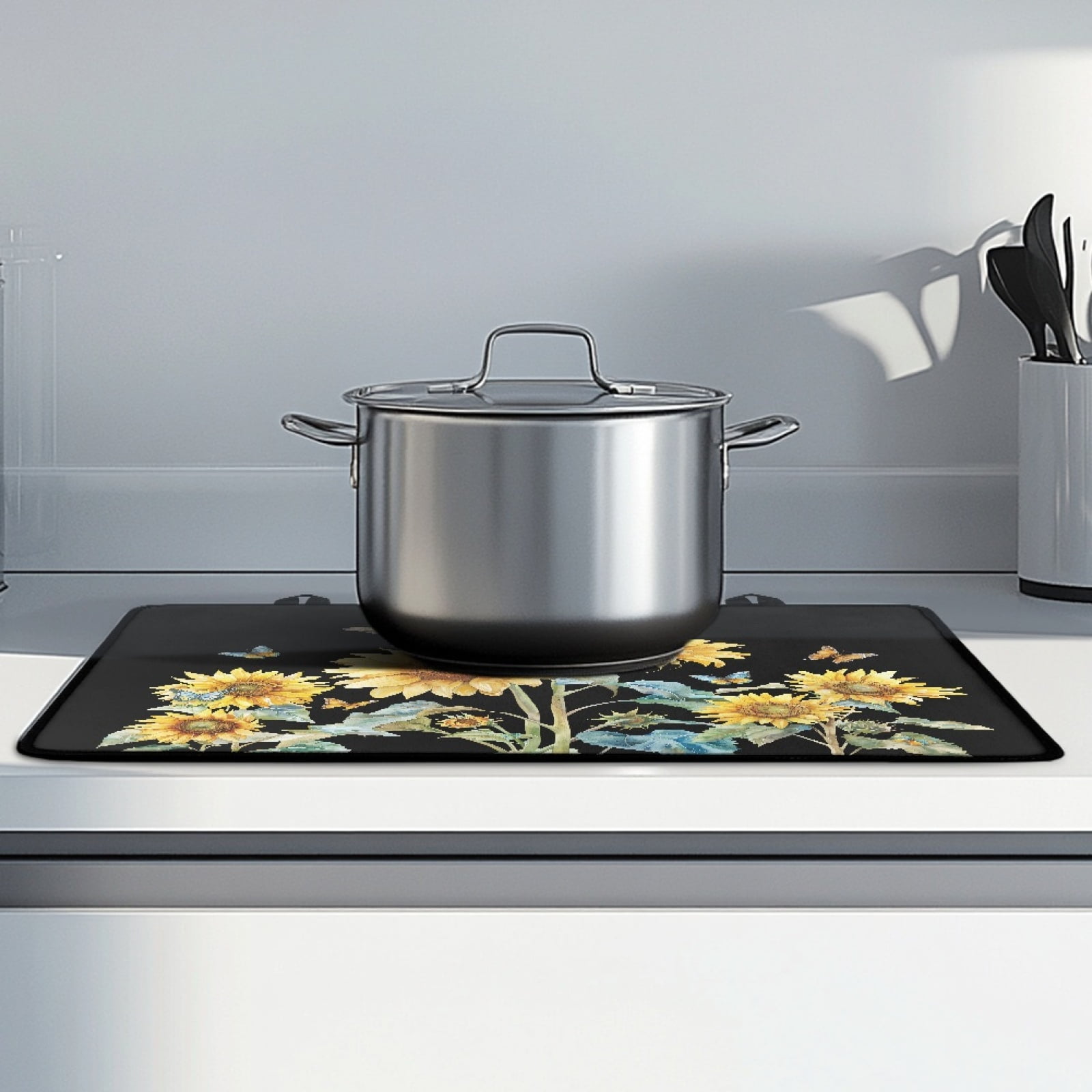 Renewold Stove Top Cover for Electric Stove, Non-skid Glass Electric Stove Top Mat, Induction Electric Stove Top Protector for Kitchen Counter Top, Sunflower Butterfly Black