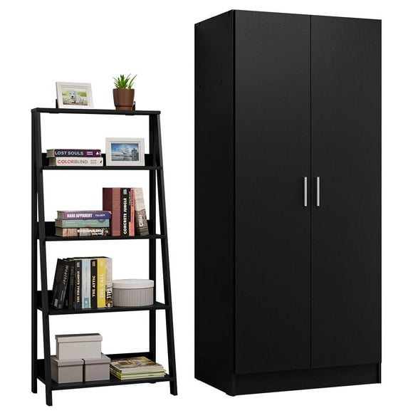 Madesa 2 doors Wardrobe Cabinet Storage + Ladder Shelf Standing Bookcase - Black