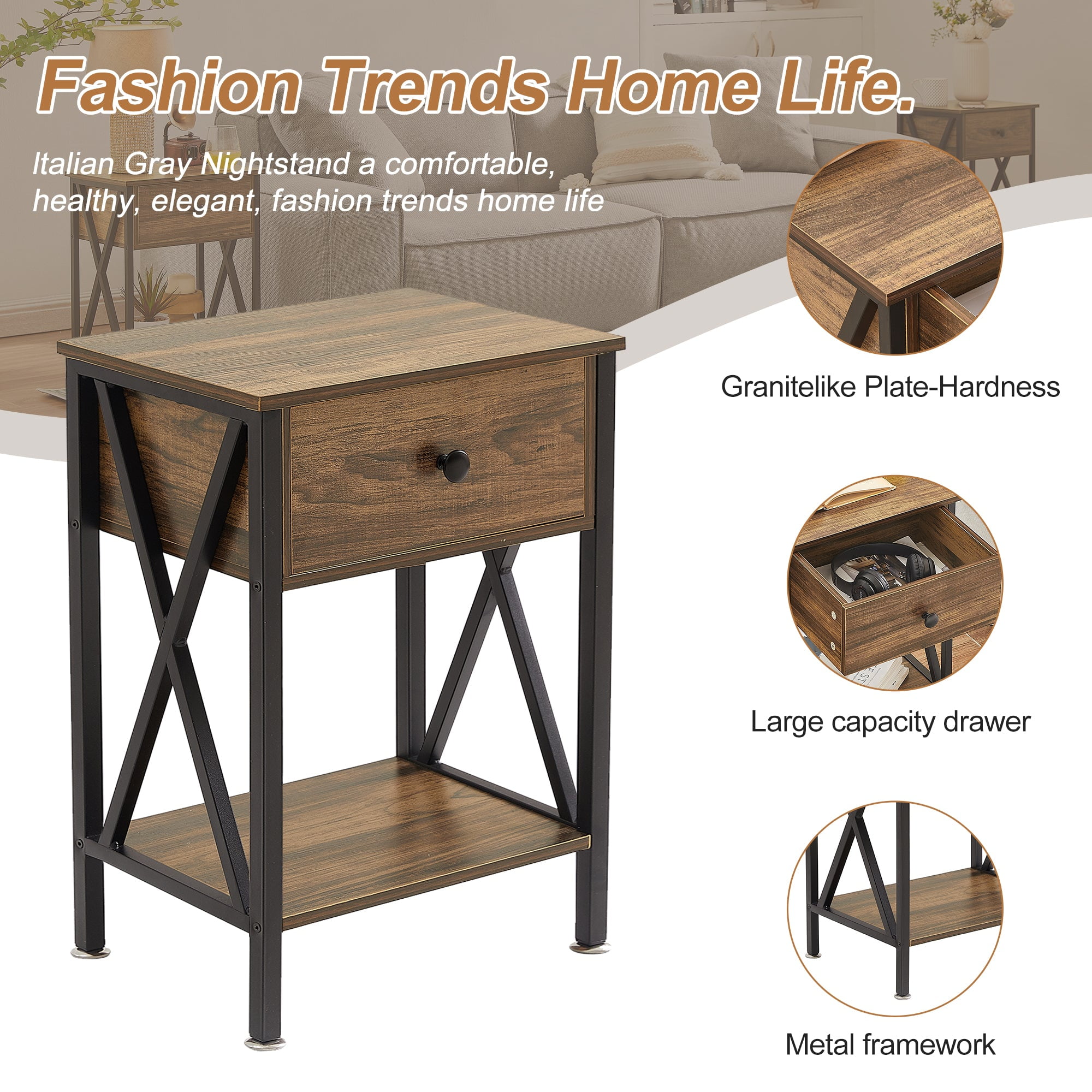 VECELO Nightstands Set of 2, Industrial End Table with 1-Drawer & Storage Shelf, Small Bedside Table Organizer for Small Space, Side Table for Bedroom Living Room, Dark Brown