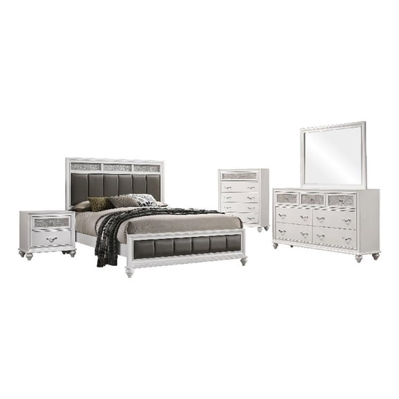 Dini 5pc Queen Bedroom Set- Gray Faux Leather Grid Upholstery- White