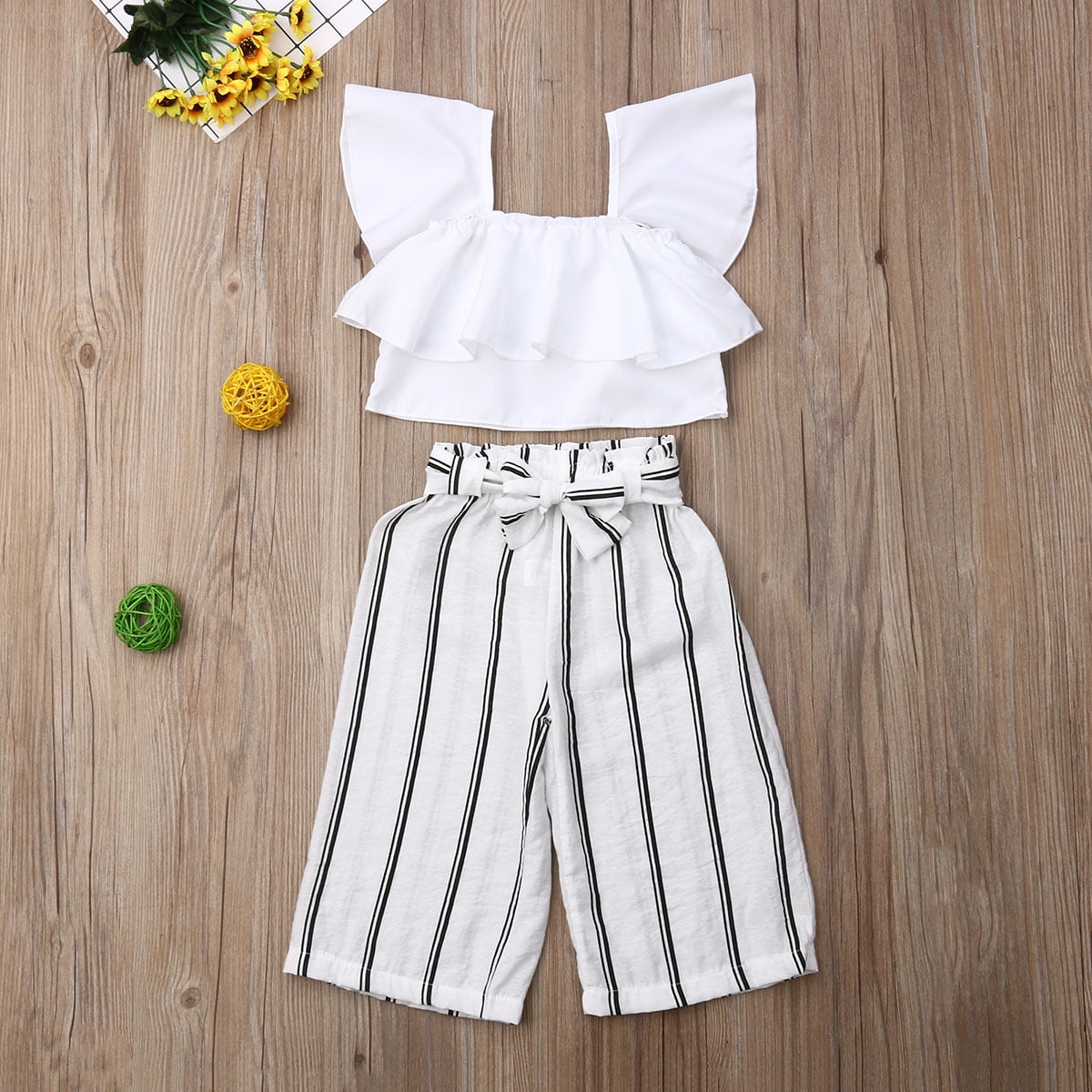 pintar Surichinmoi Gobernador Qtinghua Toddler Baby Girls Ruffle Fly Sleeve Crop Tops Long Striped Pants  2Pcs Summer Outfits Clothes White 4-5 Years - Walmart.com