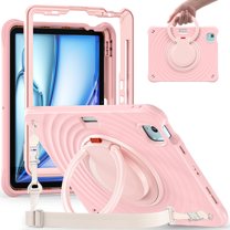Rugged Kid Proof Case for iPad Air 11 Inch 2024, Heavy Duty Protection Shockproof 360° Swivel Ring Stand Handle Case Cover with Shoulder Strap for iPad Air 11 Inch 2024, Pink