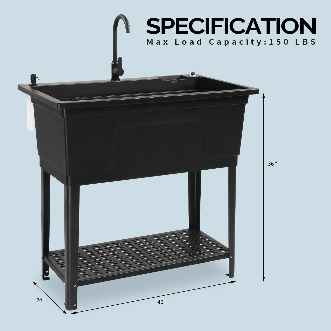 Ktaxon 27 Gallon Plastic Utility Sink with Hot/Cold Faucet, 36" Freestanding Laundry Tub with Iron Legs, Storage Shelf, Drain Board, Soap Dispenser and Pop-up Button for Bathroom, Laundry Room, Black