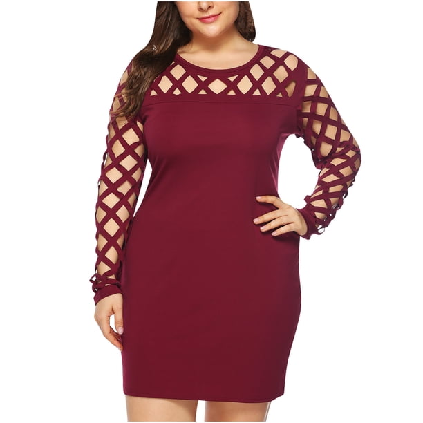 Vestido acampanado de talla grande para mujer, Sexy, cuello redondo, ahuecado, manga larga sólida, adelgazamiento de glúteos Fridja nbo2102