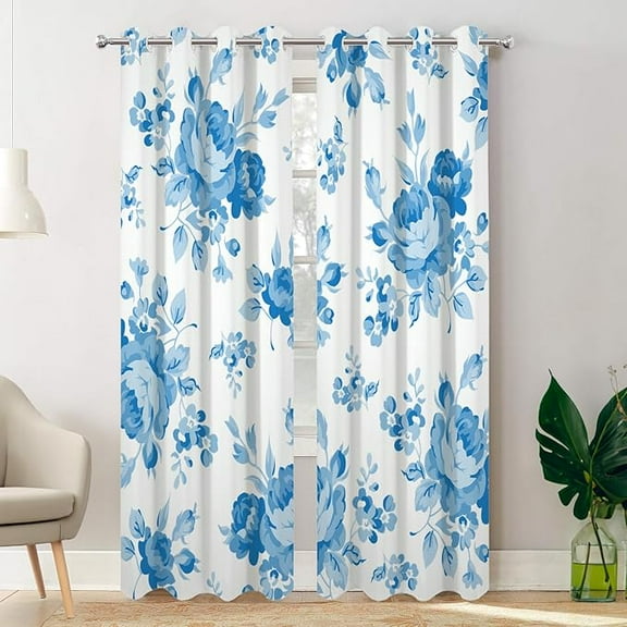 Blue Vintage Peony Blackout Curtains For Bedroom, Midcentury Grommet Top Drapes Thermal Insulated Window Curtains 26"W x 54"L (Pack of 2)