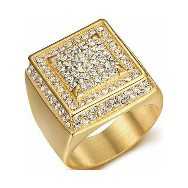 Man Fashion Square Ring Personalized Rhinestone Rings Jewelry Dressing Up Accessory Wedding Nightclub Bar Party Gold Size 9