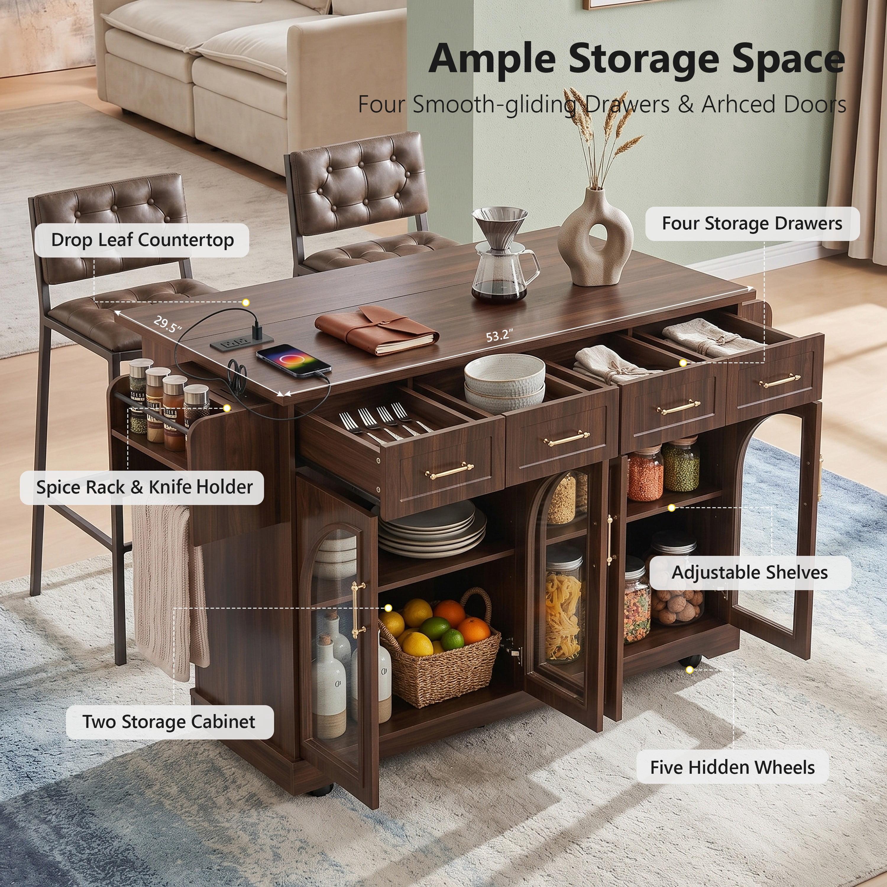 Aukfa 65" Kitchen Island with Arched Glass Doors, Drop Leaf Countertop & Charging Station, Rolling Cart, Walnut