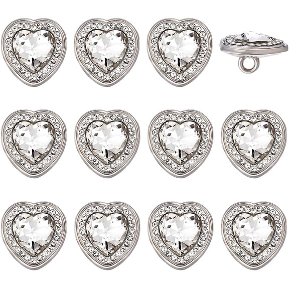 PH Heart Rhinestone Buttons 12pcs Glass Rhinestone Buttons Silver Sewing Shank Button for Wedding Party Home Decoration DIY Clothing Sewing Crafting Jewelry Making 16x15.5mm