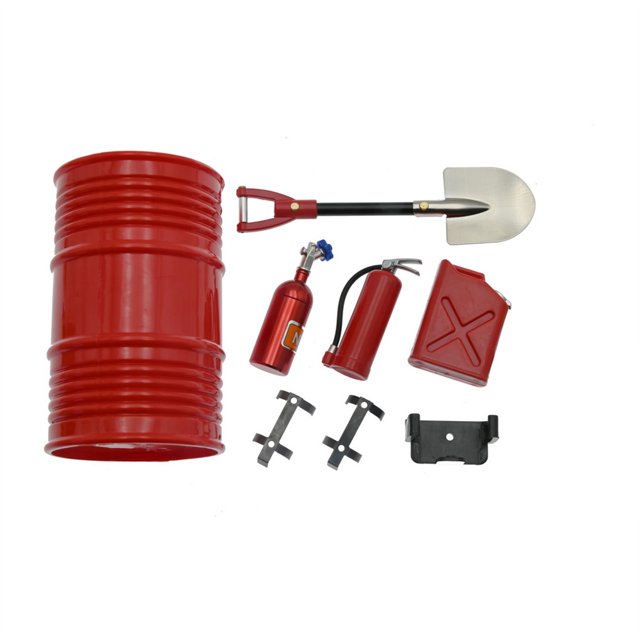 Vogacara Accesorios de adorno de simulación de orugas de metal RC Tambor de aceite desmontable portátil Caja de combustible Kit de pala de repuesto para Kits de construcción modelo rojo Vogacara FN000852-02