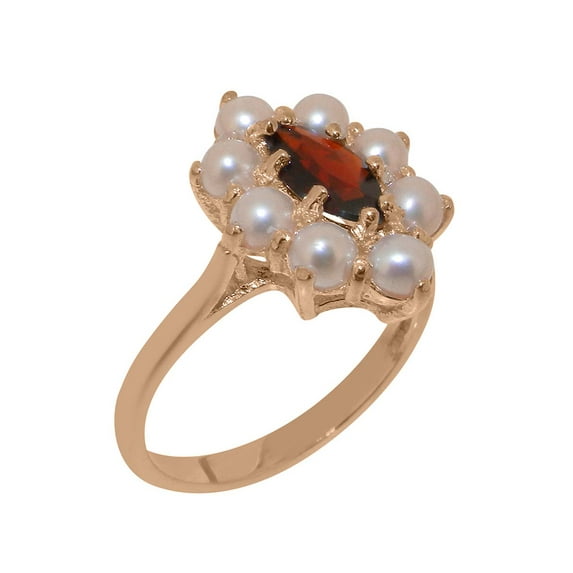 LBG British Made 14k Rose Gold Natural Garnet & Cultured Pearl Womens Statement Ring - 33 size options - Size 9