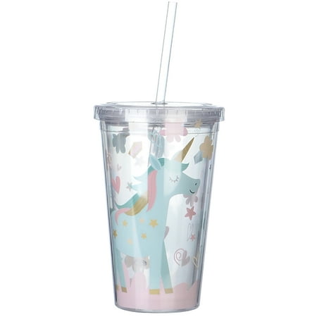 

Etereauty 450ml Portable Drinking Water Bottle with Straw Double Layer Straws Water Cups Plastic Fashion Drinking Mug (Flower Unicorn)