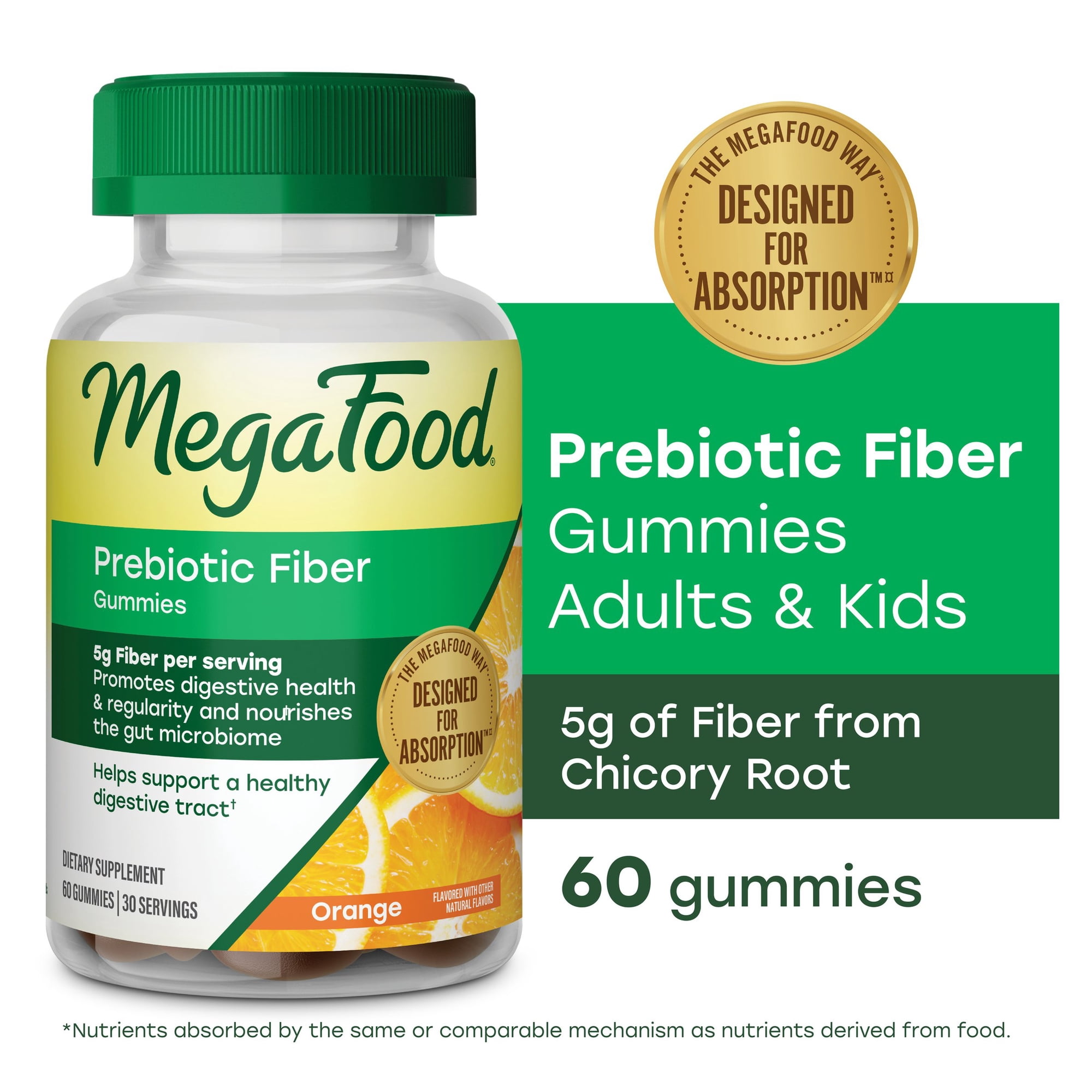 MegaFood Prebiotic Fiber Gummies For Adults & Kids 4+; Digestive Health & Immune Support Supplement; Gut Health Fiber Supplement From Chicory Root; Orange Flavor; 60 Vegetarian Gummies, 30 Servings