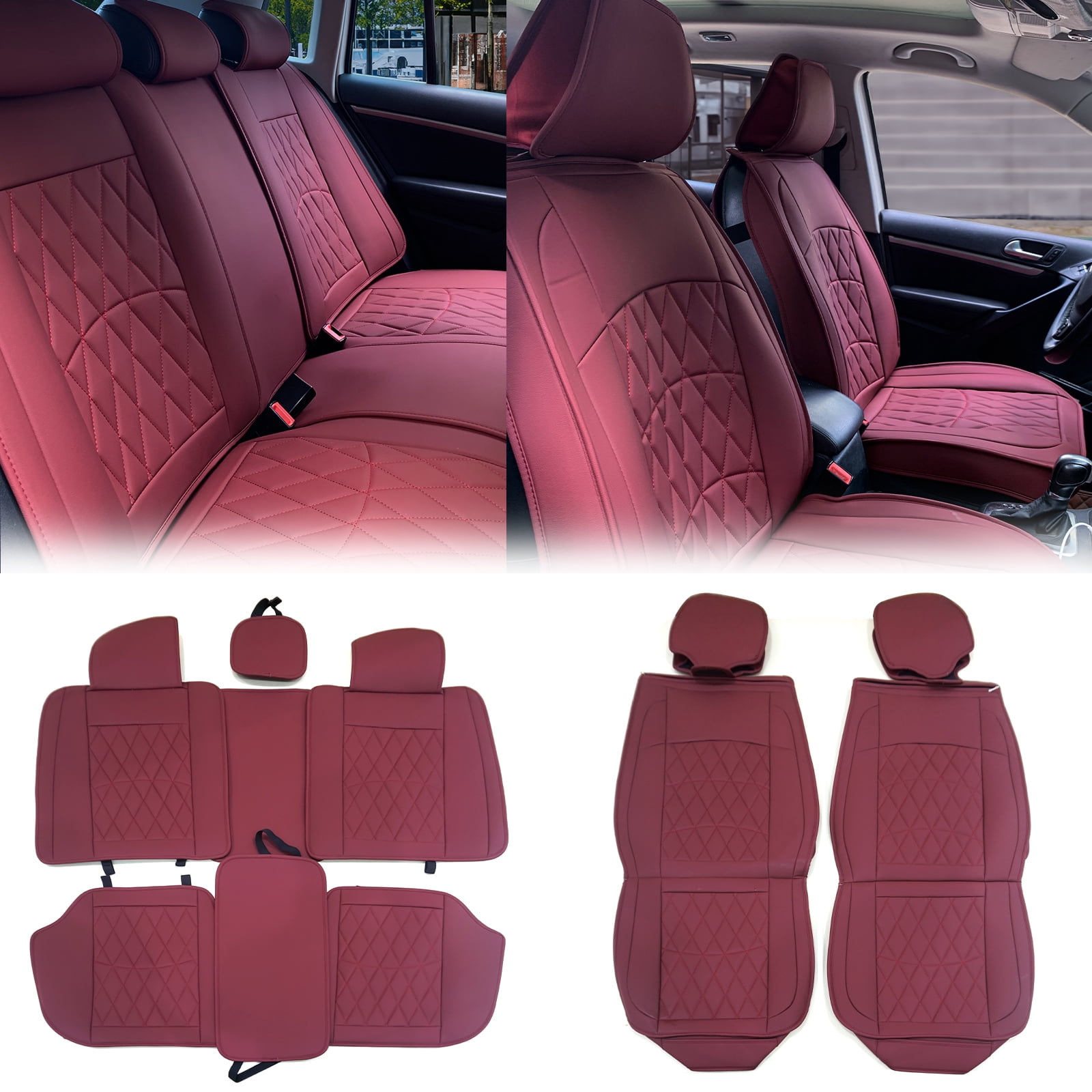 Ikon Motorsports Universal Car Seat Covers 04 Style Red PU Leather Front Second Row Auto Seat Cover Cushion Protectors 5-Seat Full Set