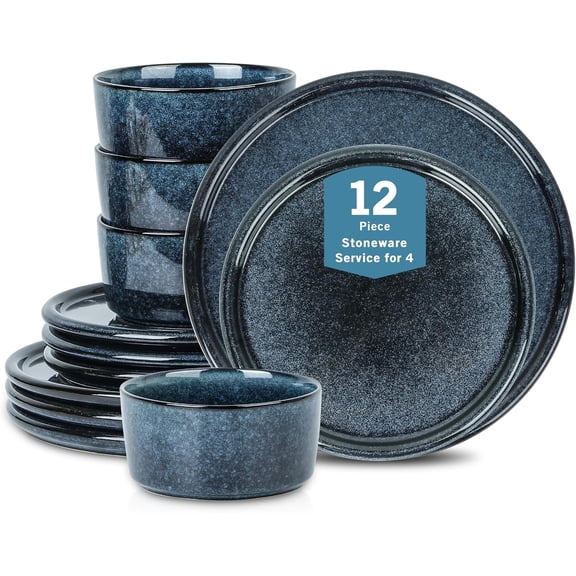 Plates and Bowls Set, Dishwasher and Microwave Safe Dish, Dish Set for 4, Dark Blue | Eden 12-Piece Dinnerware Set Stoneware