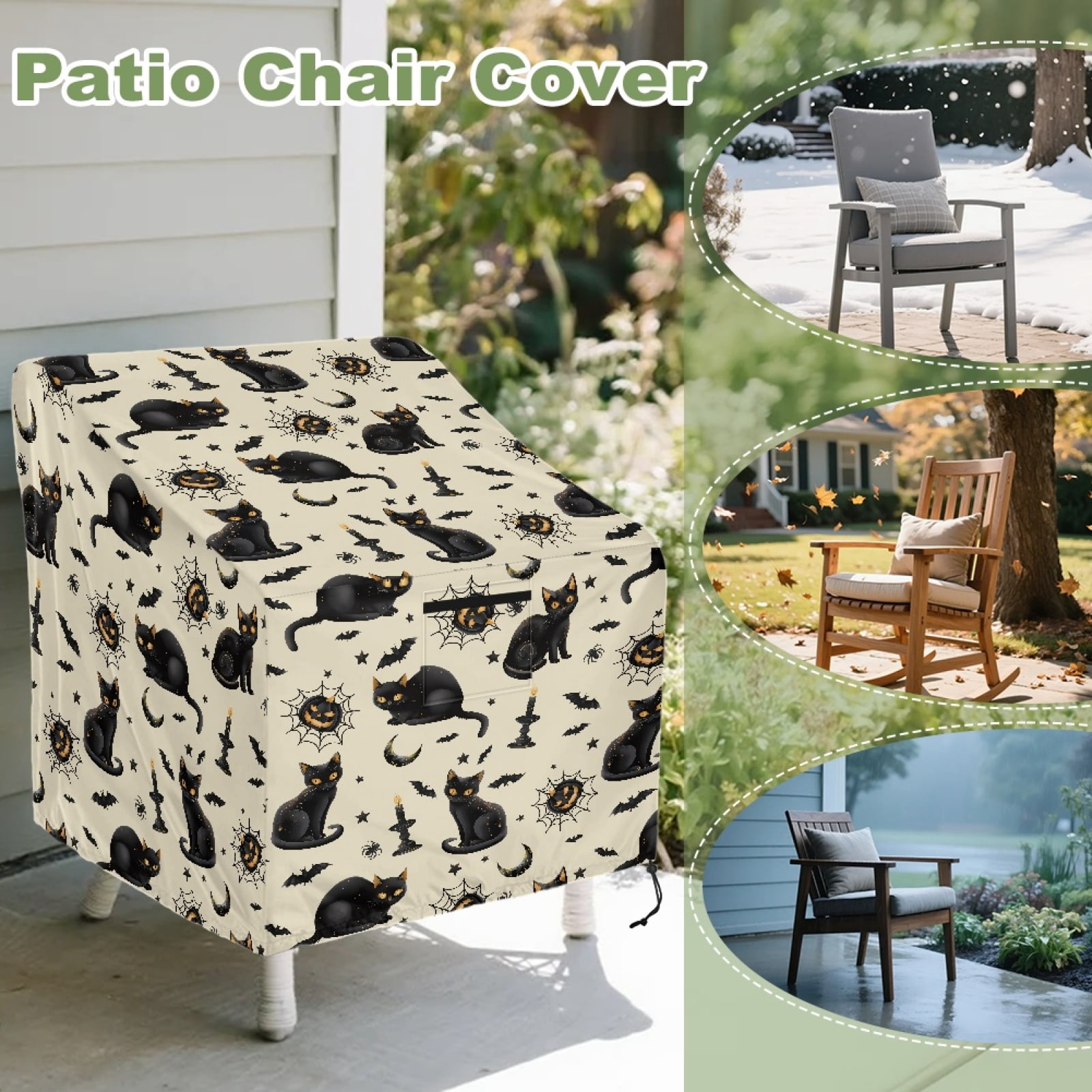 Renewold Outdoor Chair Covers Waterproof Adirondack Chair Covers Weather-Proof Lawn Patio Furniture Protection for Patio Deck Porch Halloween Decor, 32"x35"x36", Black Cat Pumpkin Bat Beige