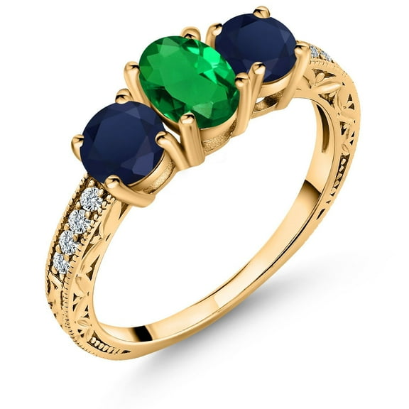 Gem Stone King 1.92 Ct Oval Green Nano Emerald Blue Sapphire 18K Yellow Gold Plated Silver Ring (Size 5)