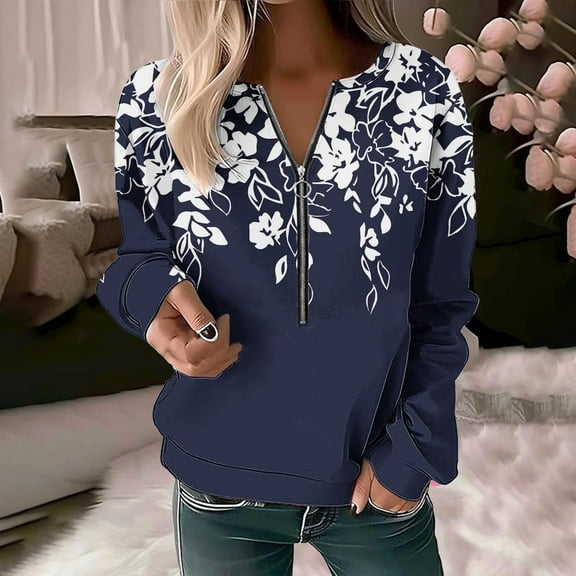 JNGSA Womens Fall Fashion 2024 Petite Sweatshirts Floral Half Zip Casual Pullovers Lightweight Long Sleeve Tops