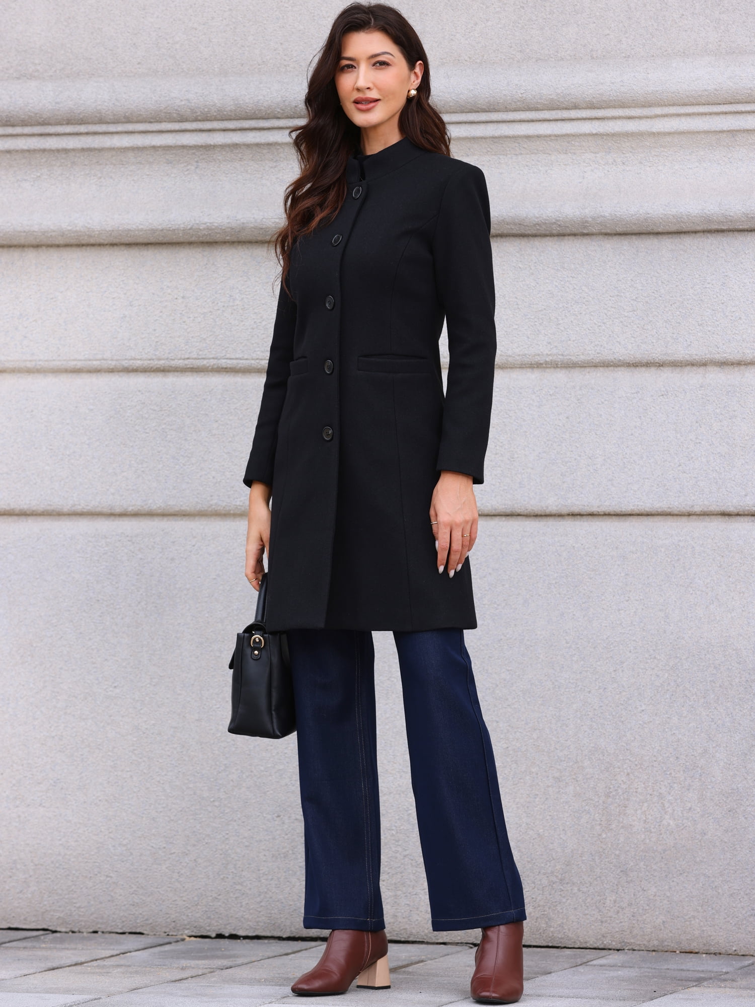 DARING DIVA Women's Stand Collar Mid-Length Overcoat with Pockets S Black