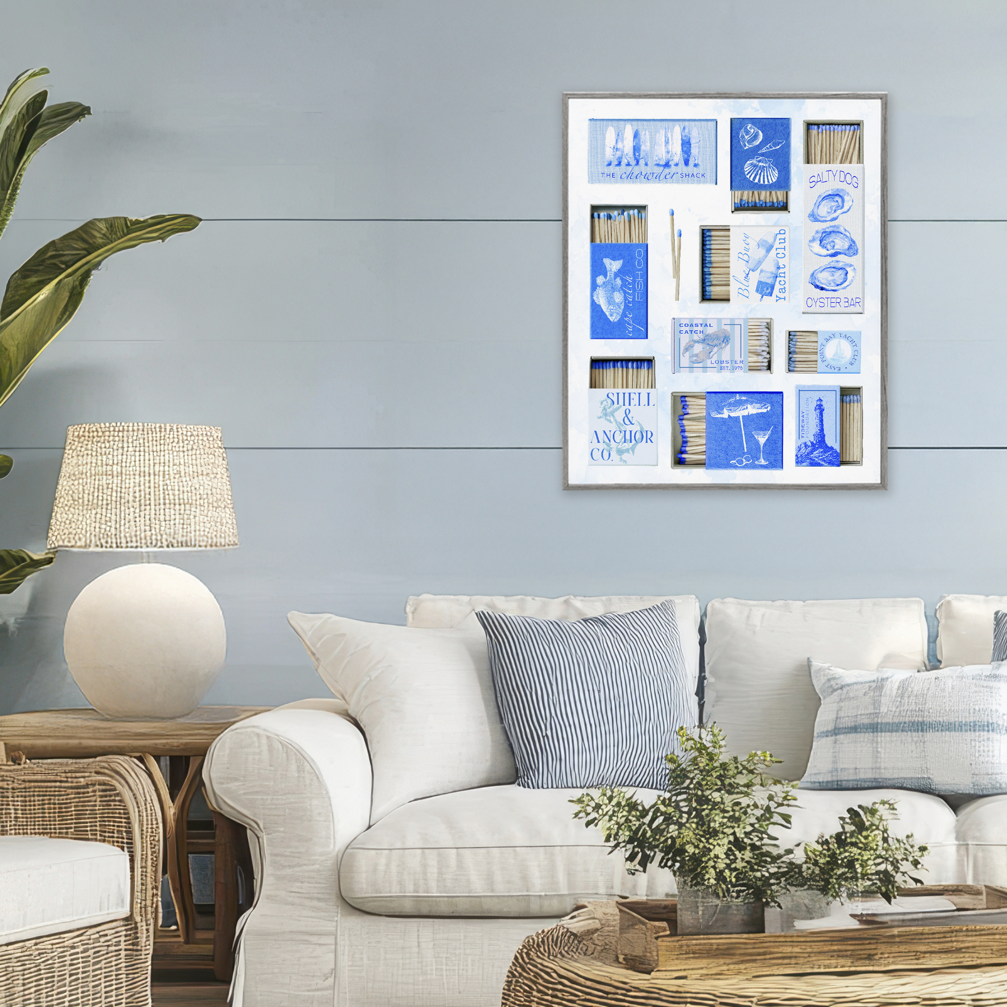 Blue Coastal Matchboxes Gray Framed Giclee Art, design by Ziwei Li