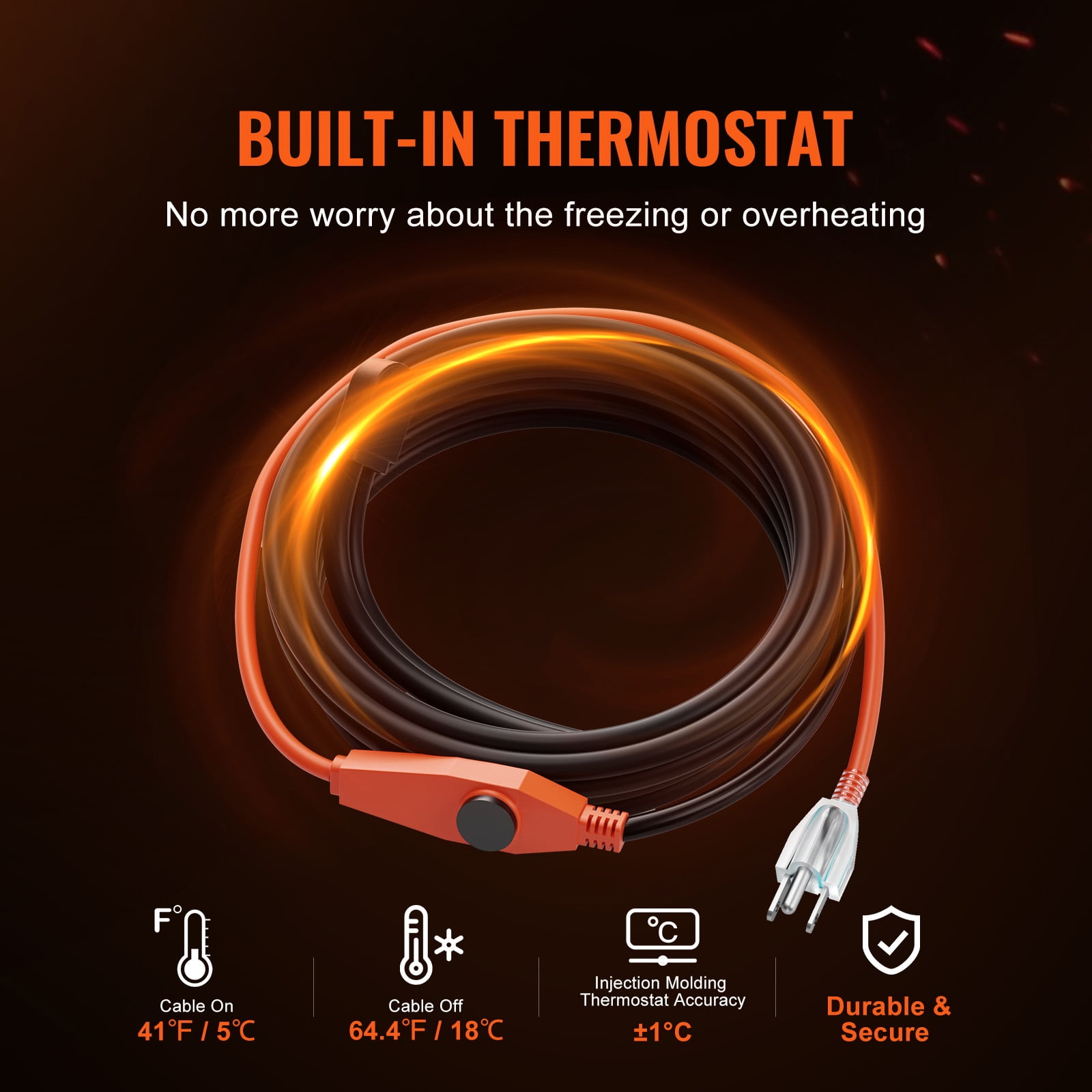 KFFKFF Pipe Warming Wire, 24FT 7W/FT Thermal Tape for Tubes with Integrated Temperature Control, Water Pipe Warming Wire Shields PVC Tube, Metallic and Synthetic Tubes from Ice Formation