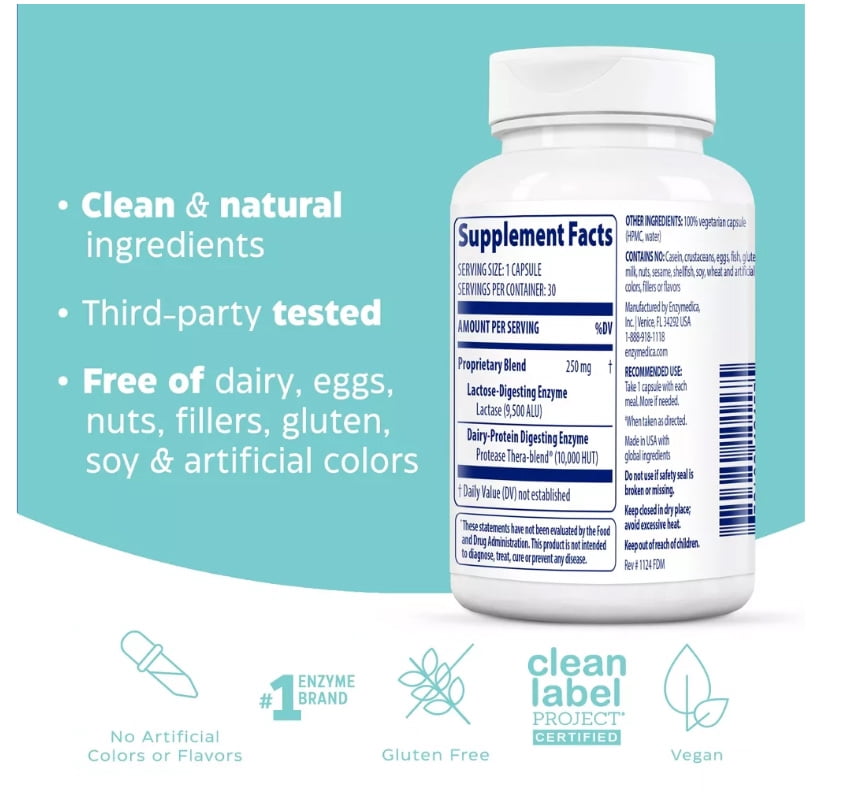 Enzymedica Digest Gold Fast-Acting Dairy Results for Full Dairy and Lactose Relief, 30 Count