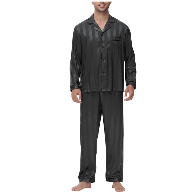 VOAVEKE Ensembles de Pyjama pour Hommes, Pyjamas pour Hommes, Pyjamas à Manches Longues Col Rabattu en Soie Glacée Tenue de Maison Portée à l'Extérieur Noir S