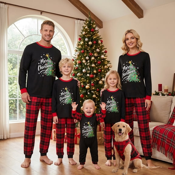 AIGUR Family Matching Christmas Pajama Set Christmas Tree Letters Print Long Sleeve Crew Neck Tops and Plaid Pants Loungewear