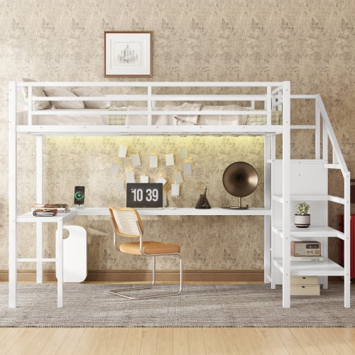 Full Loft Bed with L-Shaped Desk, Metal High Loft Bed with Wardrobe, Stairs and USB Charging Station, Space Saving Loft Bed for Small Bedroom, Off White