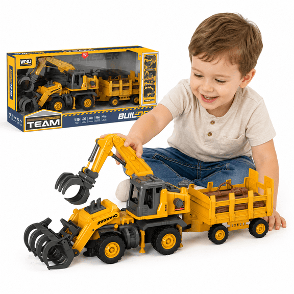 Funvip Kids Construction Vehicle Toy Set, Liftable Cab Log Loader Truck with Trailer, Indoor Outdoor Play Truck, Christmas Gift for Boys Ages 3-8, Yello