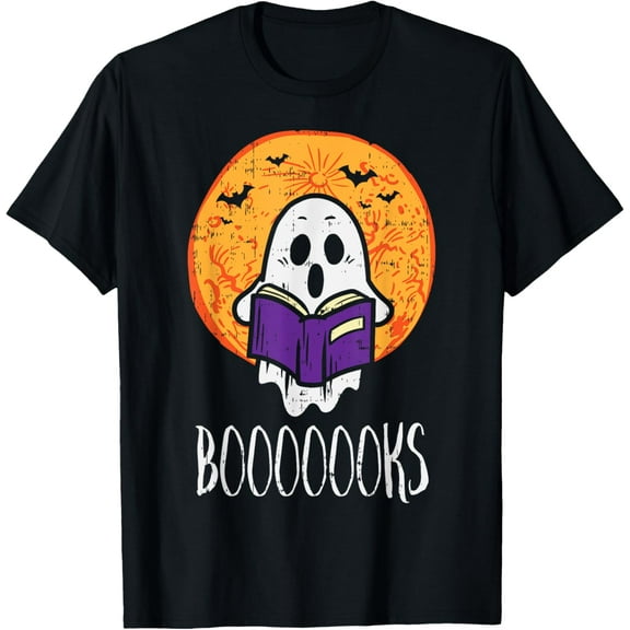 Boooks Moon Ghost Reading Halloween Bookworm Librarian Book T-Shirt