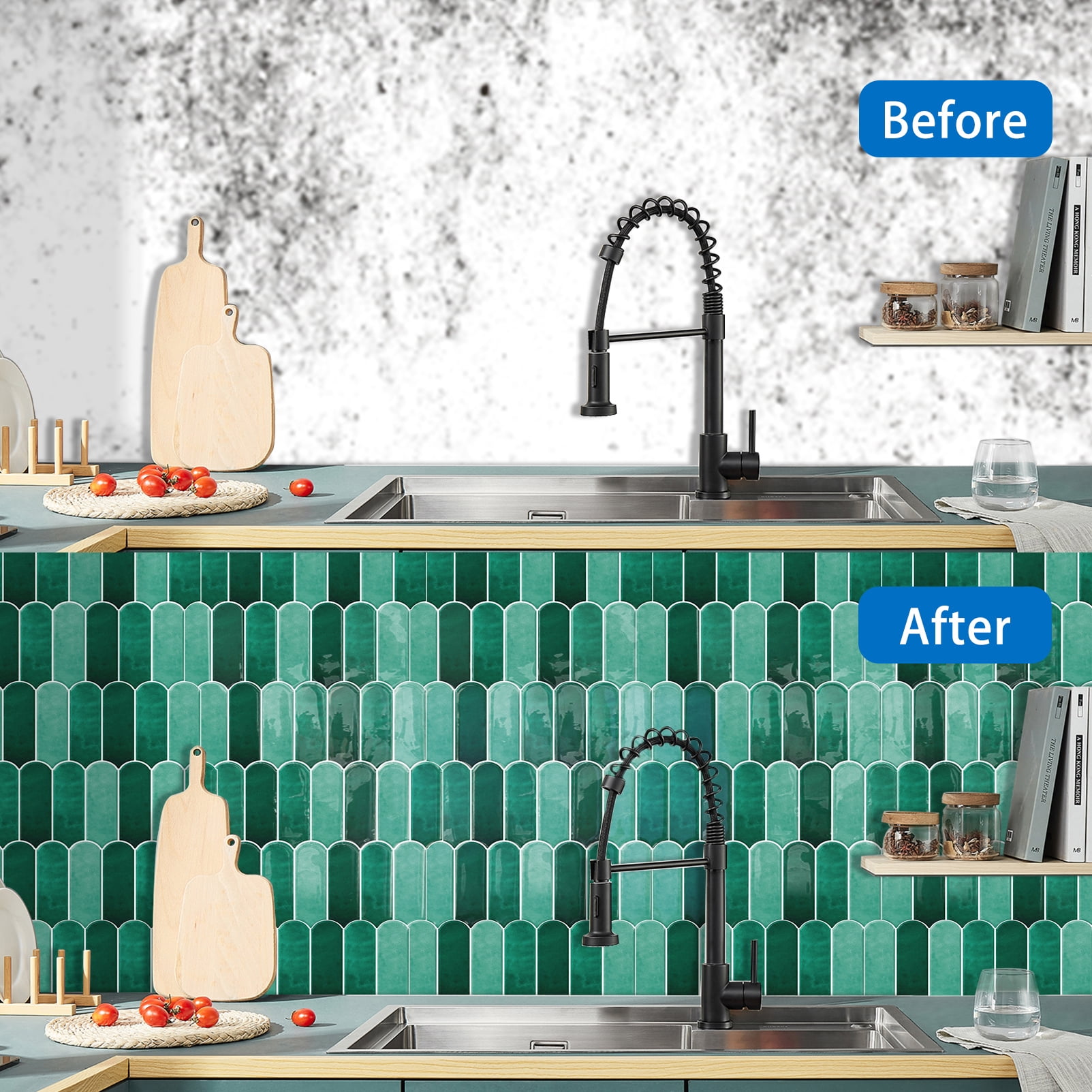 DEWOO 10-Sheet Upgraded Thicker Peel and Stick Kitchen Backsplash Tiles,Waterproof Self-Adhesive Vinyl Wall Tile Fish Scale Mosaic Design,for Bathroom,Fireplace and RV(Blue,12"×12")