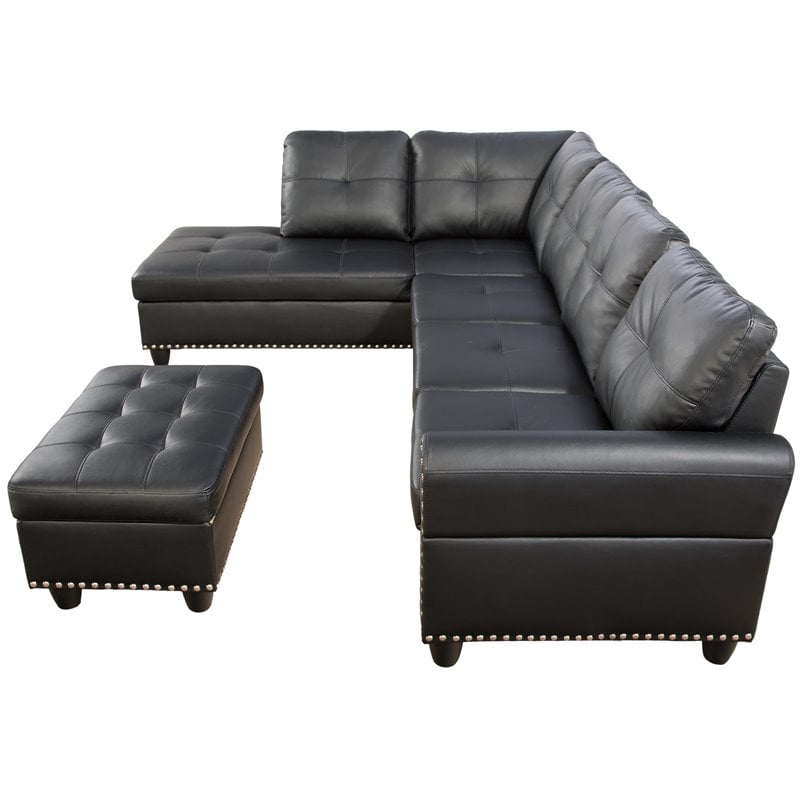 Devion Furniture Faux Leather Sectional Sofa With Ottoman In Black Com Devion Furniture Faux Leather Sectional, Leather Sofa With Chaise And Ottoman