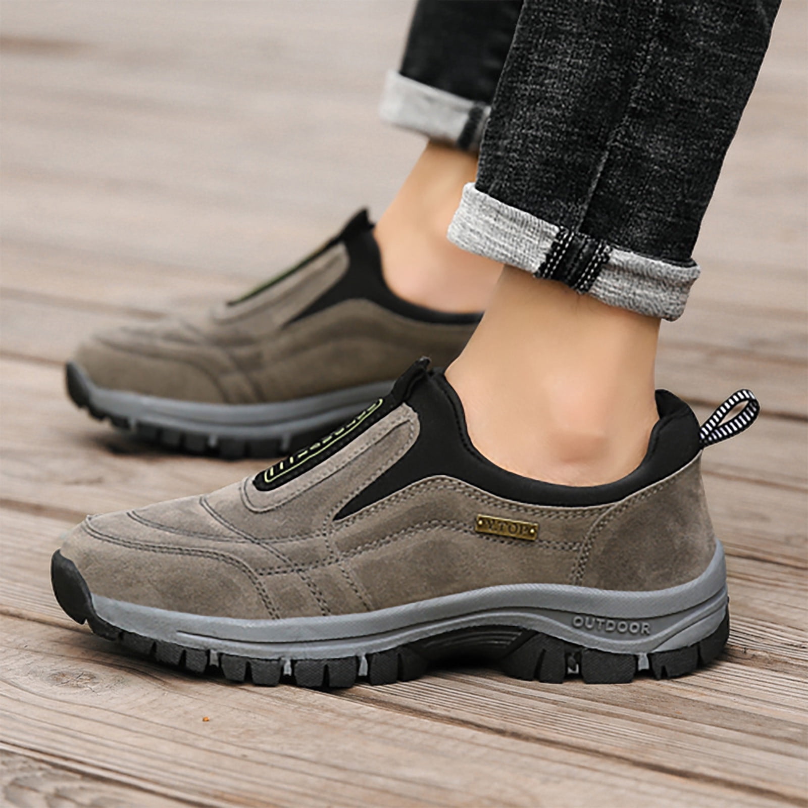 Dakaela Men's Wide Hiking Shoes Slip on Walking Loafers Waterproof Trekking Running Sneakers Brown 7.5