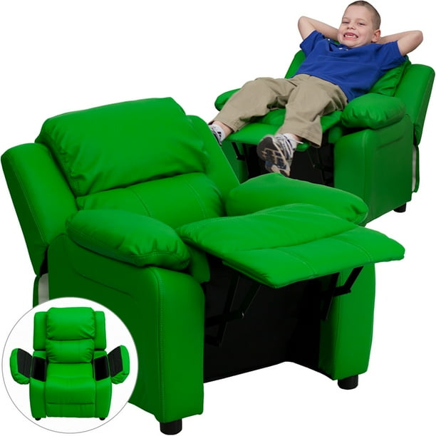 Deluxe Padded Green Vinyl Kids Recliner with Storage Arms