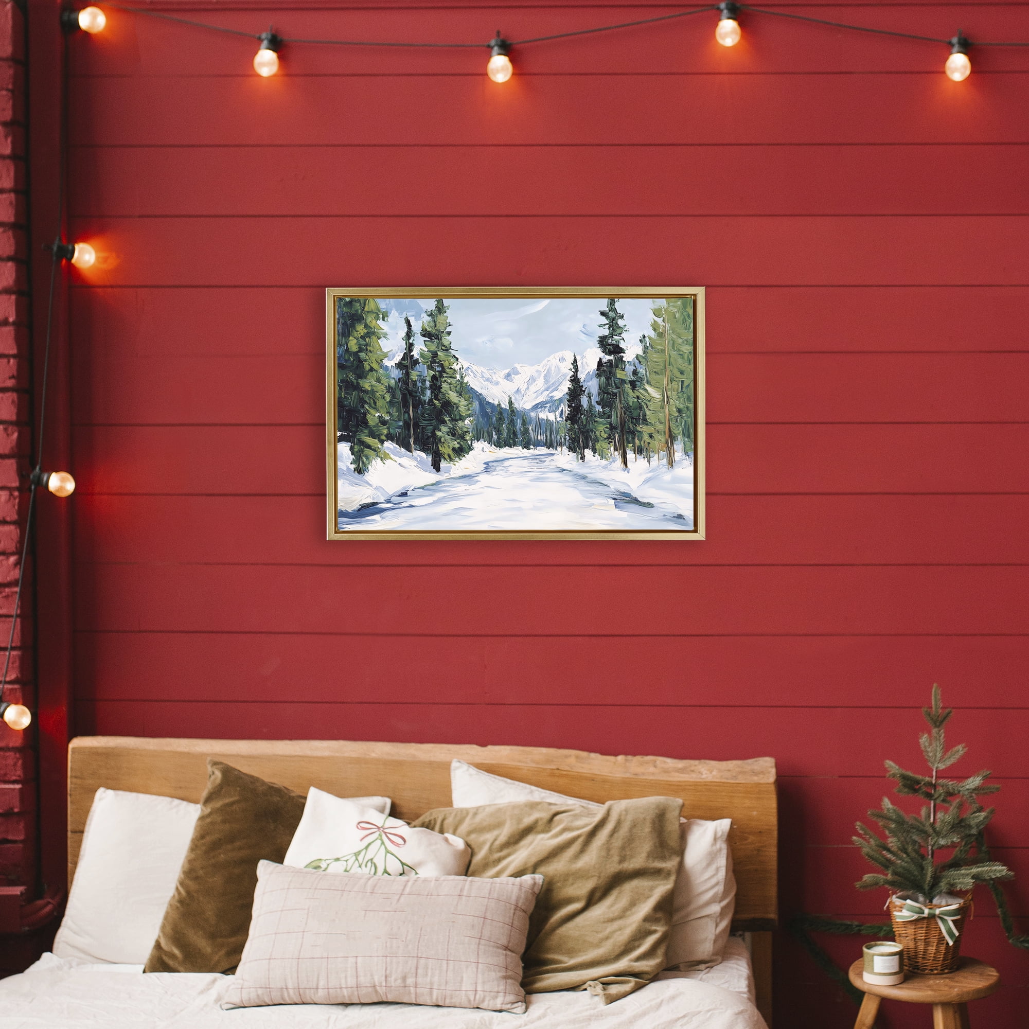 Snowy Tall Tree Pass Gold Framed Floater Canvas Wall Art, design by Petal Prints Design