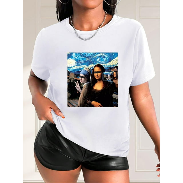 Camiseta De Verano Para Mujer, Cuello Redondo, Para Mochilero, Vacaciones En La CalleWomens Graphic T-Shirt - Bold Oil Painting Figure Print - Comfortable Sportswear Top with Short Sleeves and Crew