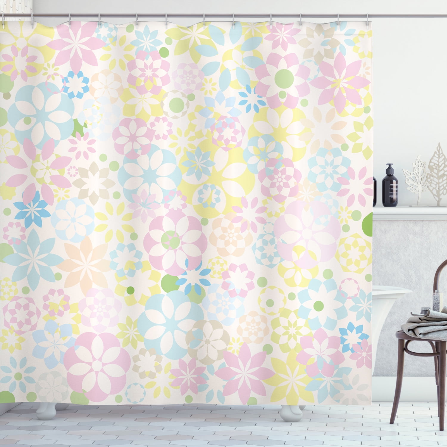 Pastel Shower Curtain, Blossoming Flowers Bedding Plants Spring Colors