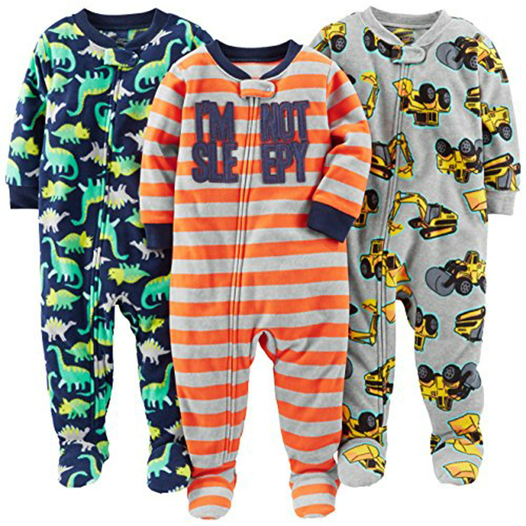 Simple Joys by Carter s Baby Boys Loose Fit Flame Resistant Fleece Footed Pajamas Pack of 3 Red Stripe Dinosaur 24 Months