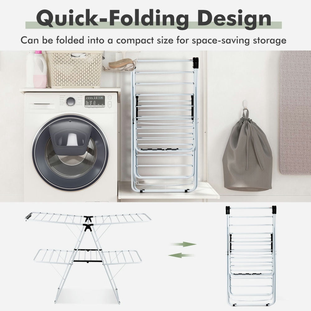 Finihen Drying Rack, Clothes Drying Rack, 2-Level Foldable Clothes Drying Rack with Adjustable Gullwing, for Indoor, Outdoor, White Finihen Drying Rack, Clothes Drying Rack, 2-Level Foldable Clothes Drying Rack with Adjustable Gullwing, for Indoor, Outdoor, White