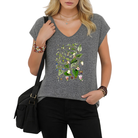 UNISHE Women's Rooted Plant Graphic V-Neck Short Sleeve T-Shirt White Vintage Nature Aesthetic Top