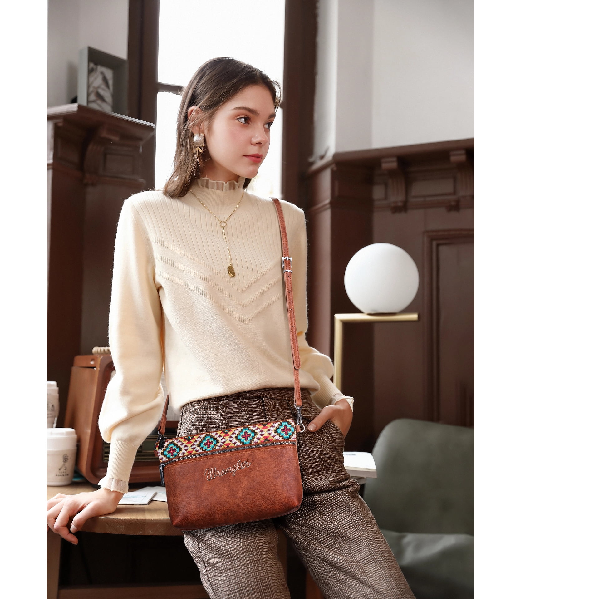 Wrangler Western Cowhide Crossbody Bags for Women Clutch Wristlet Purse, Embroidered-brown
